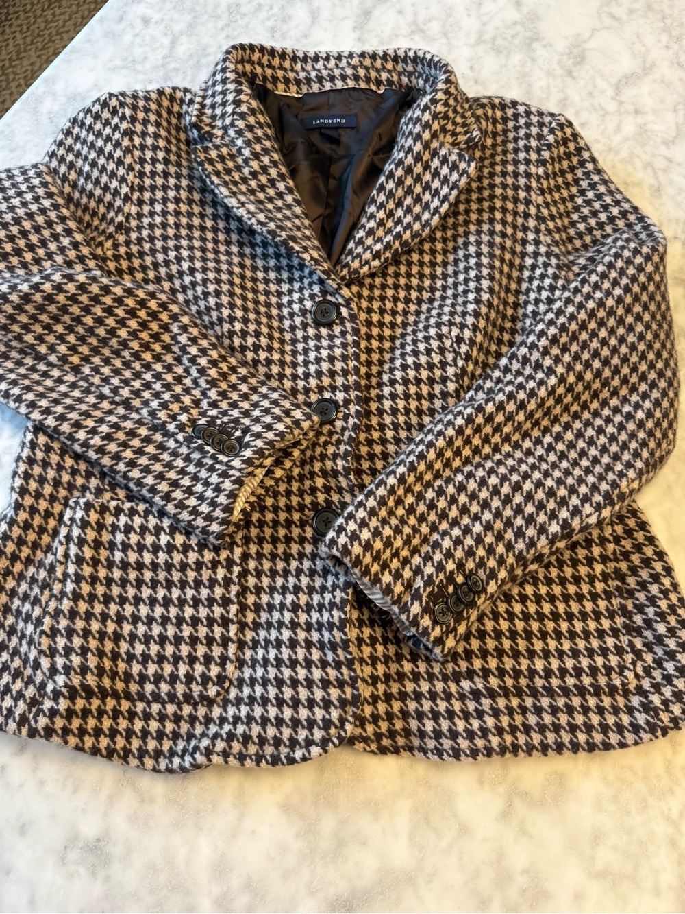 Lands’ End Wool Houndstooth Blazer Jacket Size 16 Brown Cream